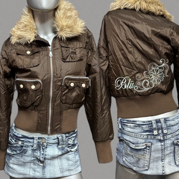 Dolls Kill Jackets & Blazers - Blü Vintage Y2K Cropped Brown Jacket W/ Faux-Fur Trim